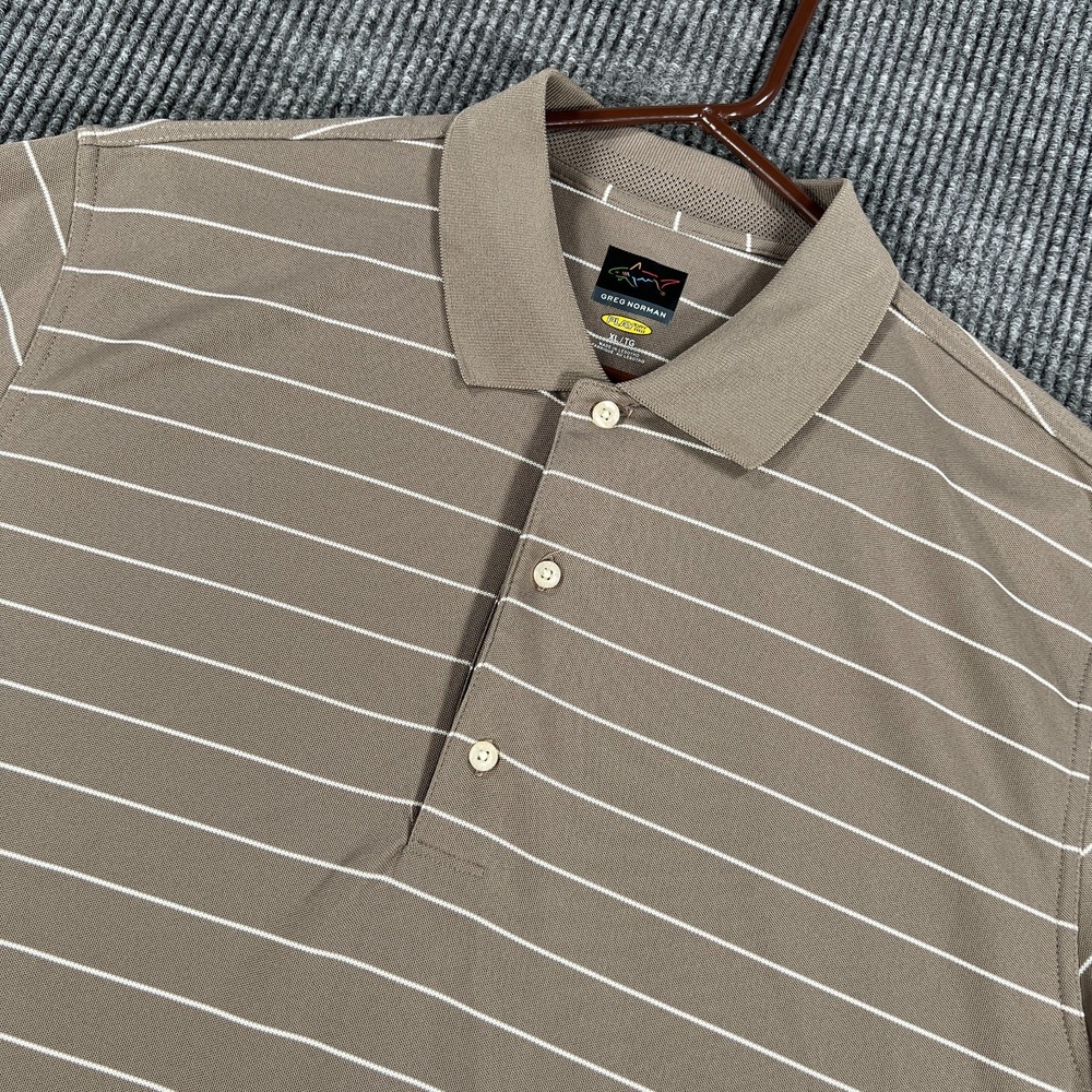 Greg Norman Polo Shirt Mens XL Extra Large Brown Striped Short Sleeve Golf